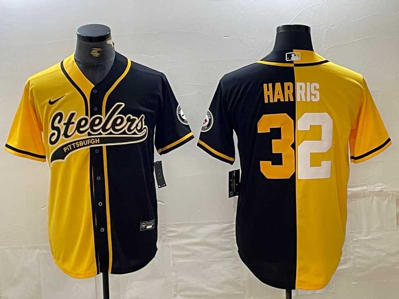 Mens Pittsburgh Steelers #22 Najee Harris Yellow Black Split With Patch Cool Base Stitched Baseball Jersey Dzhi->->NFL Jersey